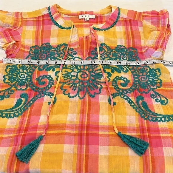 THML - Anthropologie Blouse Top Size S Teal Embroidered Top lightweight Colorful - Picture 12 of 16